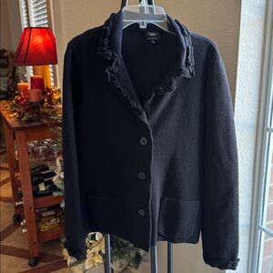 TALBOTS Black Wool Cardigan Sweater/Jacket with Ruffle Trim, size Large